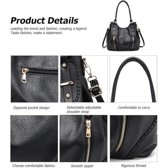 Retro Leather Tote Handbags for Women, Black - Picture 4 of 6